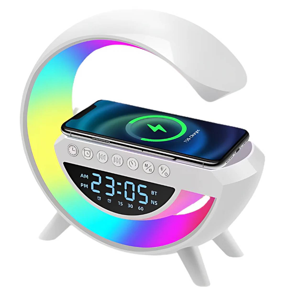 Rainbow LED Alarm Clock Lamp with Wireless Charging, Bluetooth Speaker & Touch Control
