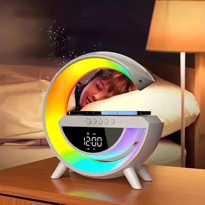Rainbow LED Alarm Clock Lamp with Wireless Charging, Bluetooth Speaker & Touch Control