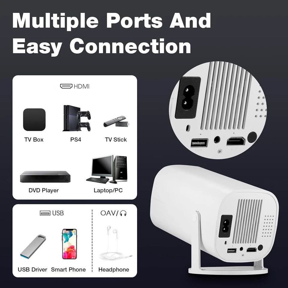 Smart Android Mini Portable Projector – 180° Adjustable HD Projector with Wi-Fi & Bluetooth