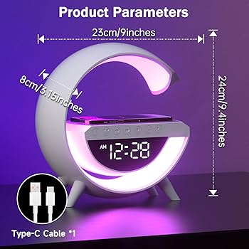 Rainbow LED Alarm Clock Lamp with Wireless Charging, Bluetooth Speaker & Touch Control